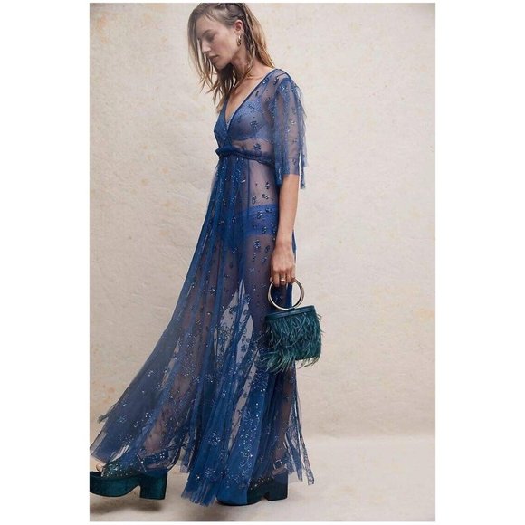 HOST PICK ❤️ FREE PEOPLE SASCHA TEAL BLUE SEQUIN TULLE MAXI DRESS 0 NWT FAIRY - Picture 1 of 13